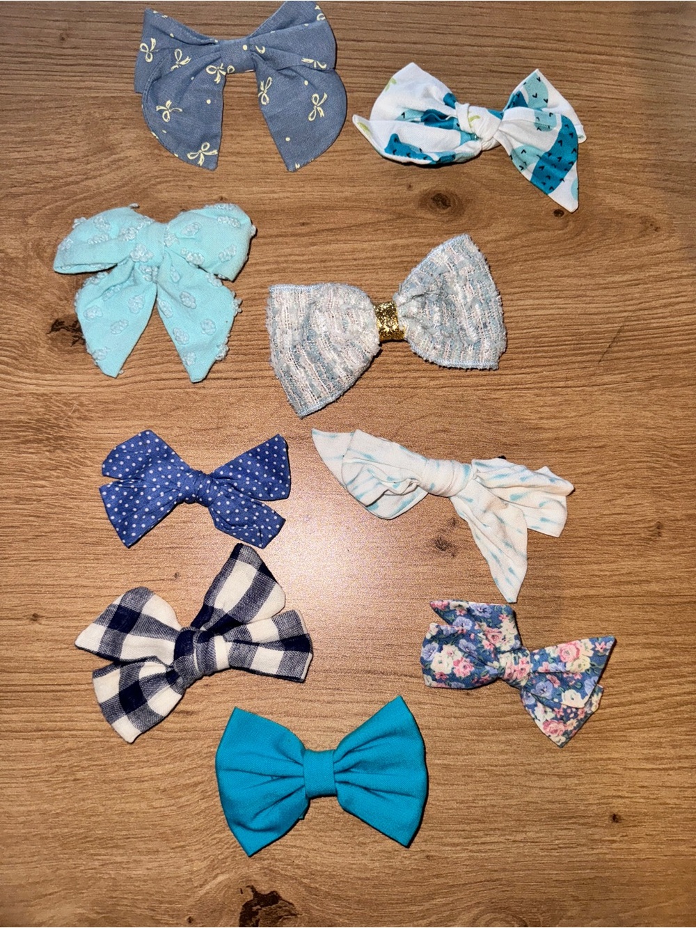 Boutique Girls Hair Bow Clip Lot of 9 Blues - Floral Gingham Fabric Bundle